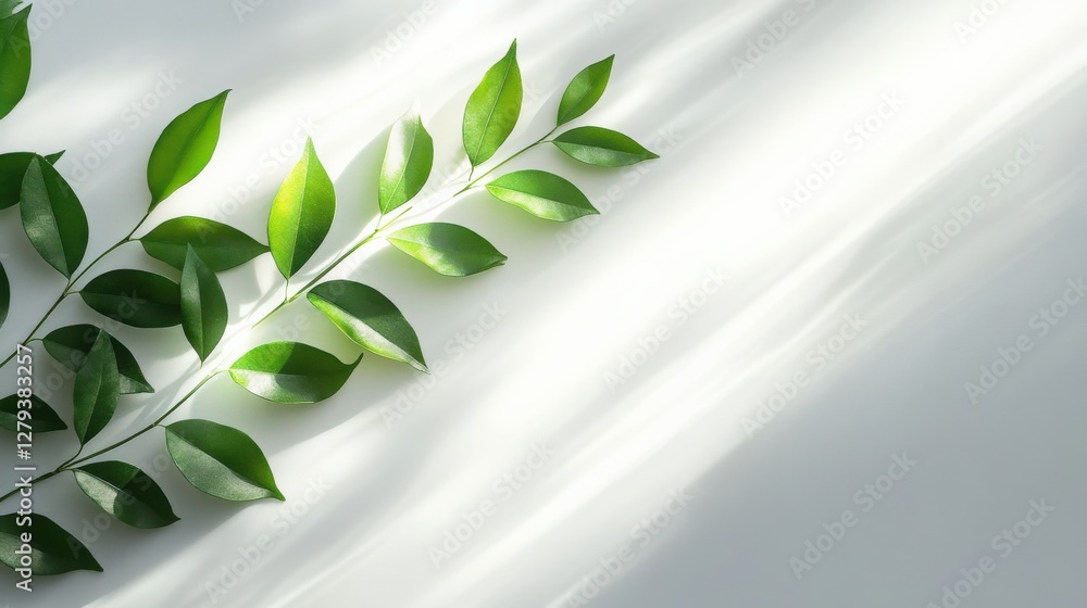 Fototapeta premium Fresh green leaves arranged on a soft white surface with gentle light shadows in the background