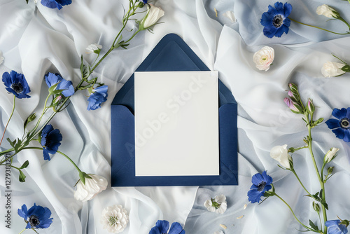 Wallpaper Mural Blank card mockup features prominently atop a navy blue envelope, surrounded by delicate flowers and soft fabric, perfect for showcasing designs or invitations Torontodigital.ca