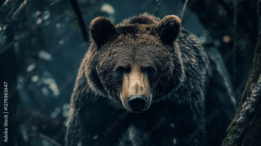 Majestic brown bear in dark forest. Majestic brown bear in dark forest.