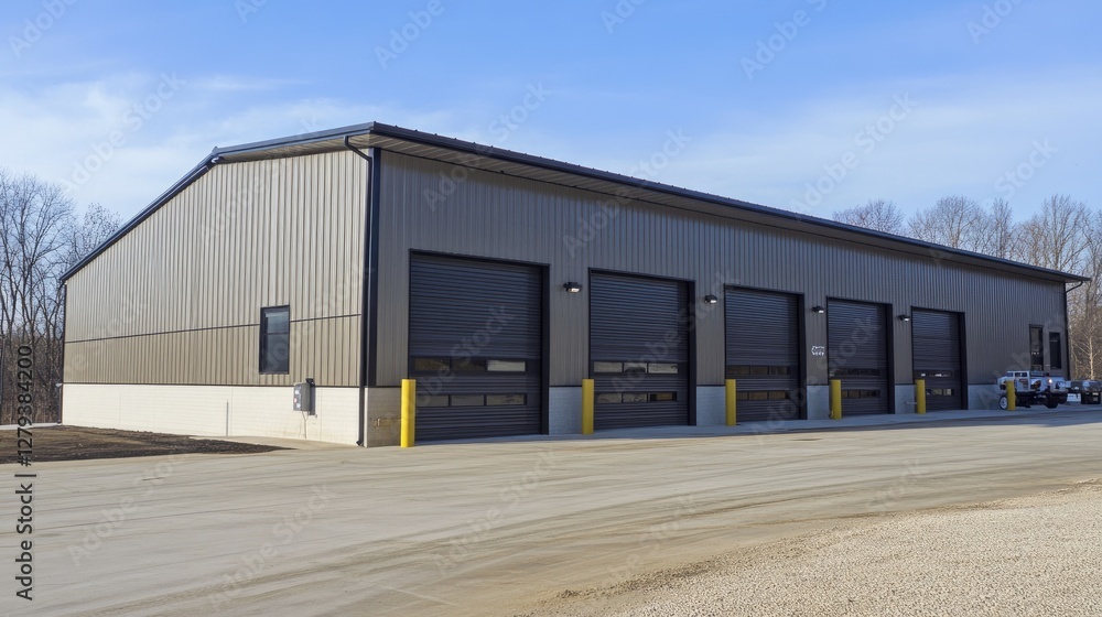 Naklejka premium New Modern Metal Building with Four Large Garage Doors