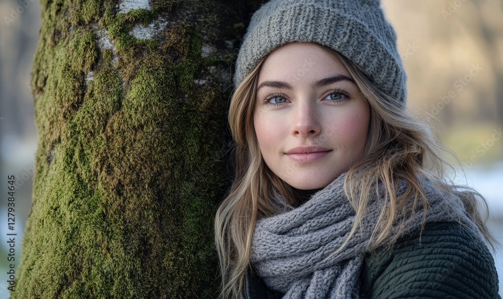 Woman Leaning Against Moss-Covered Tree in Natural Setting, Relaxed Outdoor Portrait, Nature Connection, Tranquil Winter Scene Woman Leaning Against Moss-Covered Tree in Natural Setting, Relaxed Outdoor Portrait, Nature Connection, Tranquil Winter Scene