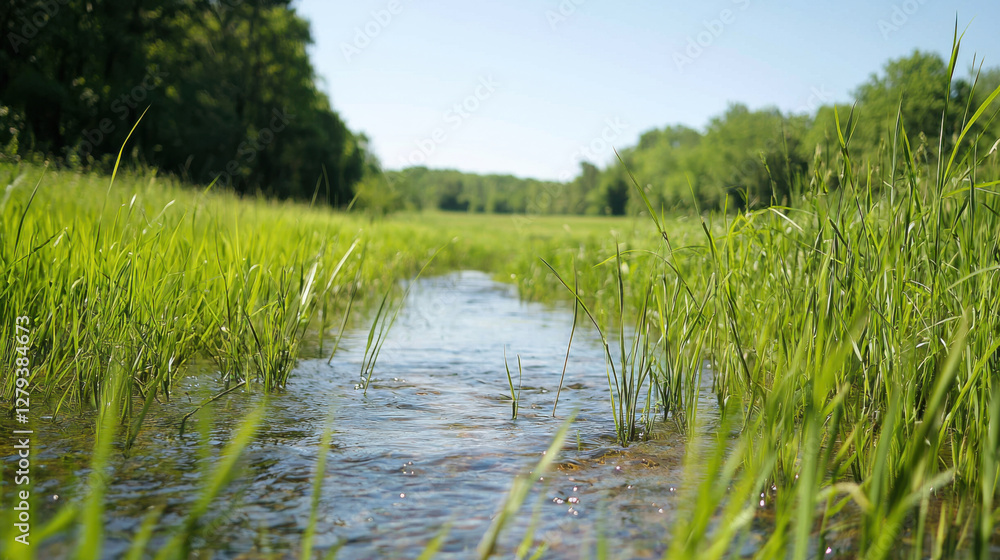 Obraz premium serene river restoration project with clean water and thriving greenery