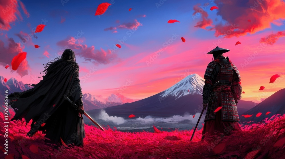 Two warriors stand in a field of red flowers, one holding a sword and the other holding a spear. The scene is set in a beautiful, serene landscape with a mountain in the background Two warriors stand in a field of red flowers, one holding a sword and the other holding a spear. The scene is set in a beautiful, serene landscape with a mountain in the background