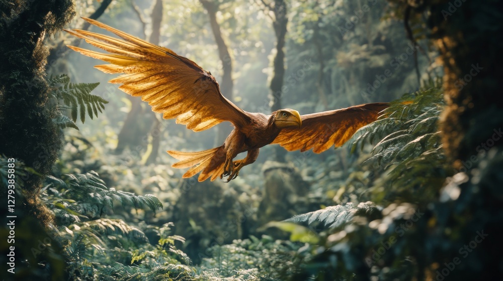 Fototapeta premium A stunning golden bird soars through a vibrant green forest. The beauty of nature is captivating. Witness the harmony of wildlife and greenery. Generative AI