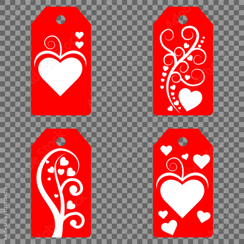 Set blank white paper price tags or gift tags. Set of gift or price tags shapes with hearts and love. Vector templates for cutting. Valentine's Day tag stencils. Mock up paper price tags or gift tags
