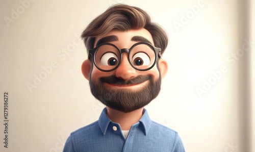 Happy Smiling Cartoon Man in Blue Shirt with Big Glasses on Light Background - 3D Style Design Portrait of Adult Male - Human People Emotions and Expressions
