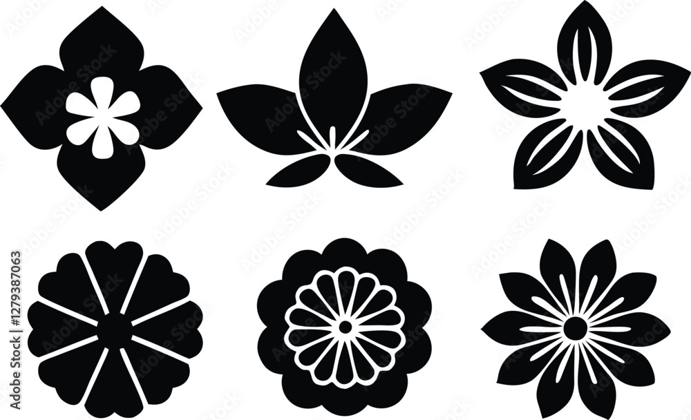 Obraz premium black and white flower icons vector silhouettes