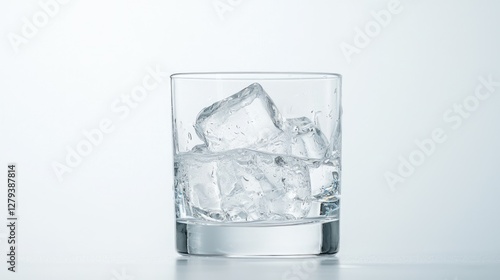 Ice cubes in glass, studio shot, white background, refreshing drink