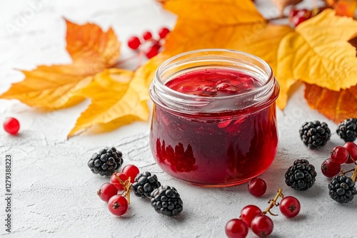 A glass jar of viburnum jelly surrounded by autumn leaves and berries on a textured surface photo