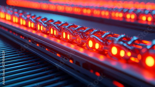 Wallpaper Mural A close-up view of illuminated red LED lights arranged in a linear pattern, creating a vibrant and futuristic appearance. Torontodigital.ca