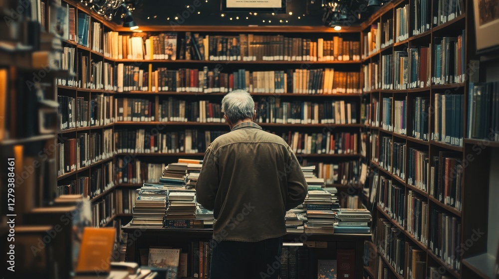 Man Browsing Through Shelves in a Cozy Library Filled with Books Man Browsing Through Shelves in a Cozy Library Filled with Books
