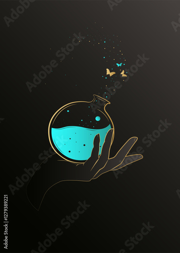 Illustration of a woman's hand that holds a magic elixir. Mystical potion vessel Vector illustration