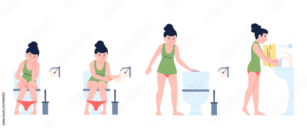 Hygiene after toilet. Woman pooping, using tissue and wash hands after. Step by step self hygiene training, health care in home bathroom recent vector scene Hygiene after toilet. Woman pooping, using tissue and wash hands after. Step by step self hygiene training, health care in home bathroom recent vector scene