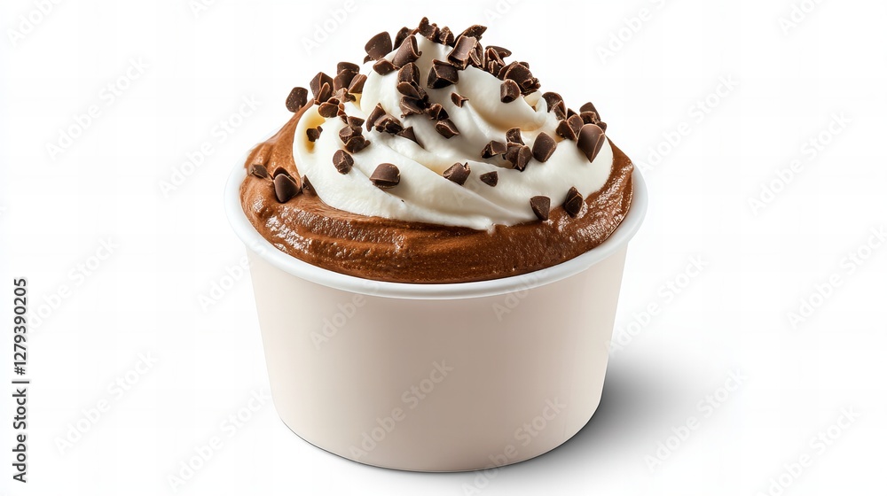 Rich chocolate mousse topped with whipped cream and chocolate shavings in a small cup. A decadent dessert! Rich chocolate mousse topped with whipped cream and chocolate shavings in a small cup. A decadent dessert!