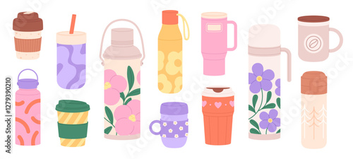 Reusable mug. Thermo mugs, thermos and tumbler for hot beverages. Takeaway crockery for coffee tea herbal drinks. Plastic metal racy vector cups