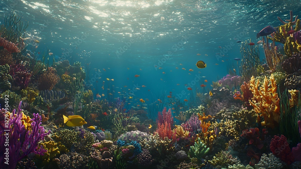 Naklejka premium Vibrant underwater kingdom teeming with life, showcasing biodiversity and color