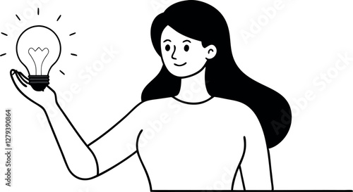 Bright Ideas. Line Drawing of Young Woman Holding Glowing Bulb Vector Illustration
