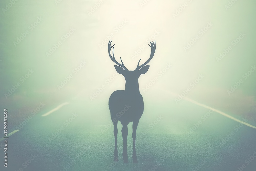 A silhouette of a deer standing in a misty road landscape. A silhouette of a deer standing in a misty road landscape.