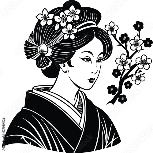 Japanese geisha portrait, black and white illustration, traditional hairstyle with floral ornaments, kimono, cherry blossom branch, elegant profile view, minimalist style, high contrast, ink drawing