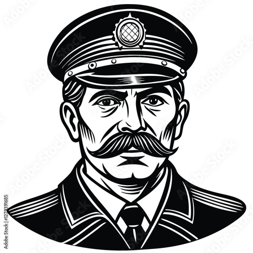 vintage illustration, ship captain portrait, black and white woodcut style, stern expression, handlebar mustache, naval uniform, captain's hat with insignia, detailed facial features, high contrast,