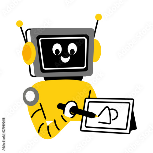 Designer robot drawing something on a graphic pad, flat style illustration