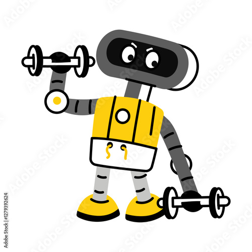 Workout robot carrying gym dumbbells, flat style illustration