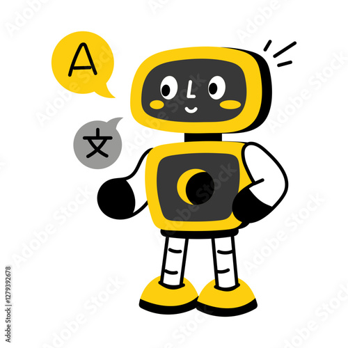 A flat style illustration of robot translator