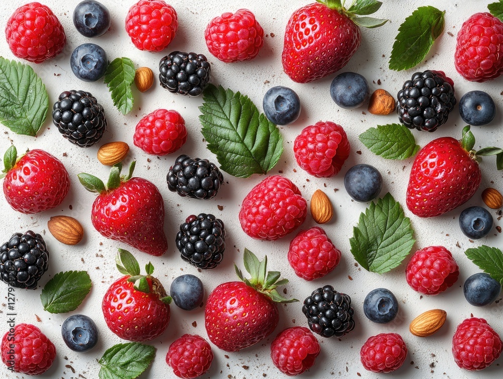 Fresh raspberries, strawberries, blackberries, and blueberries arranged with almonds and leaves. Perfect for healthy food blogs, recipes, and packaging.