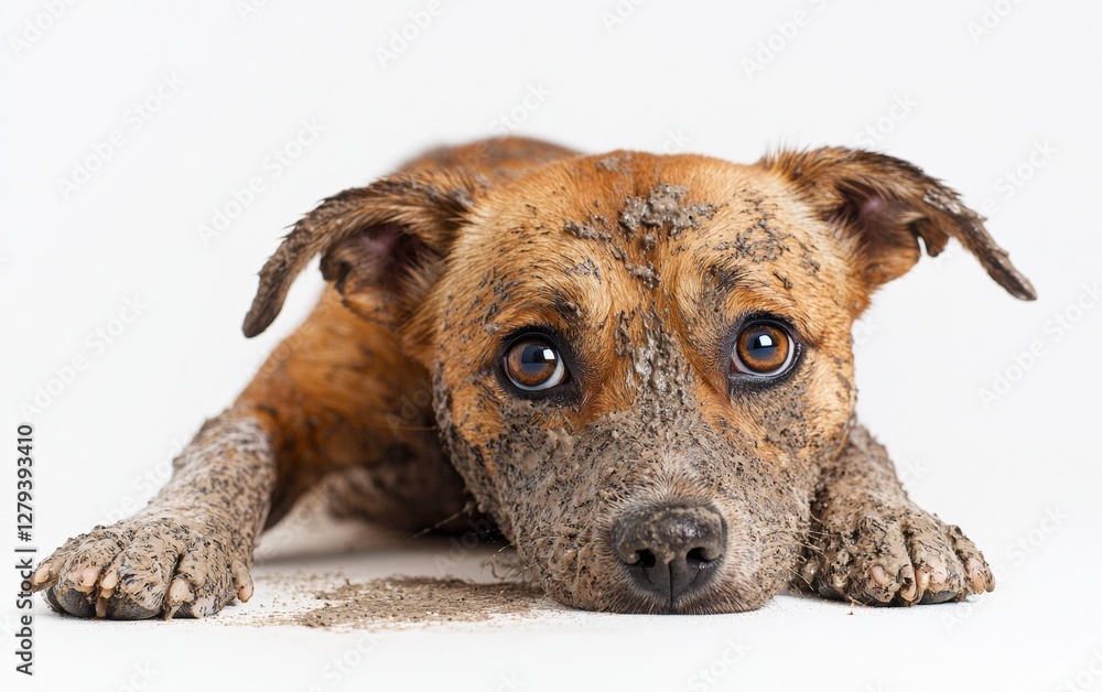 Dog covered in mud after playing outside on a sunny day in a backyard Dog covered in mud after playing outside on a sunny day in a backyard