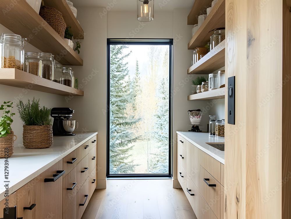 Fototapeta premium Modern Pantry Interior with Natural Wooden Shelving and Window View