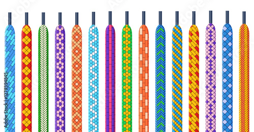 Colorful shoelaces. Shoelace with geometric designs, accessories for shoes sneakers boots. Isolated textile tying or ropes, stylish nowaday vector set