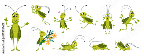 Funny grasshopper. Green grasshoppers run sleep play, falling in love and holding flowers. Garden insects cartoon characters, children mascots classy vector set