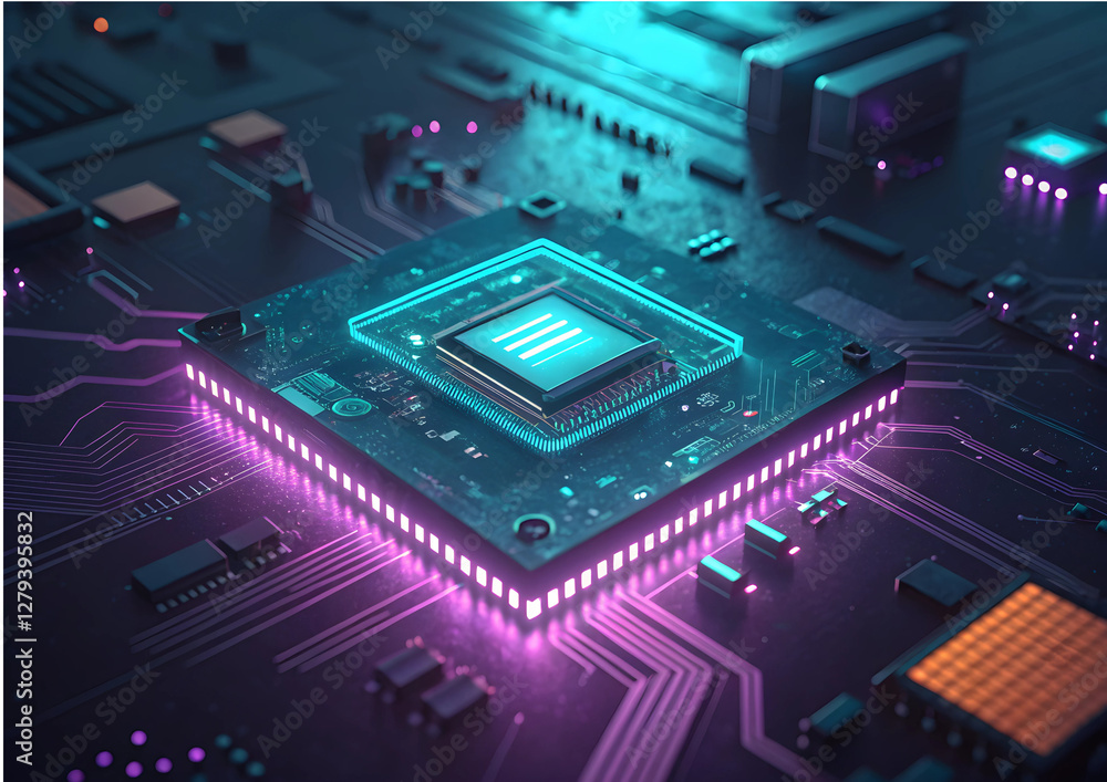 Fototapeta premium Futuristic Microchip with Glowing Circuitry, High Tech Technology Concept