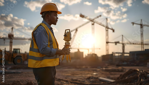 A surveyor and civil engineer stands tall, silhouetted against the golden sunset, meticulously measuring and inspecting a vast construction site where progress and innovation take shape