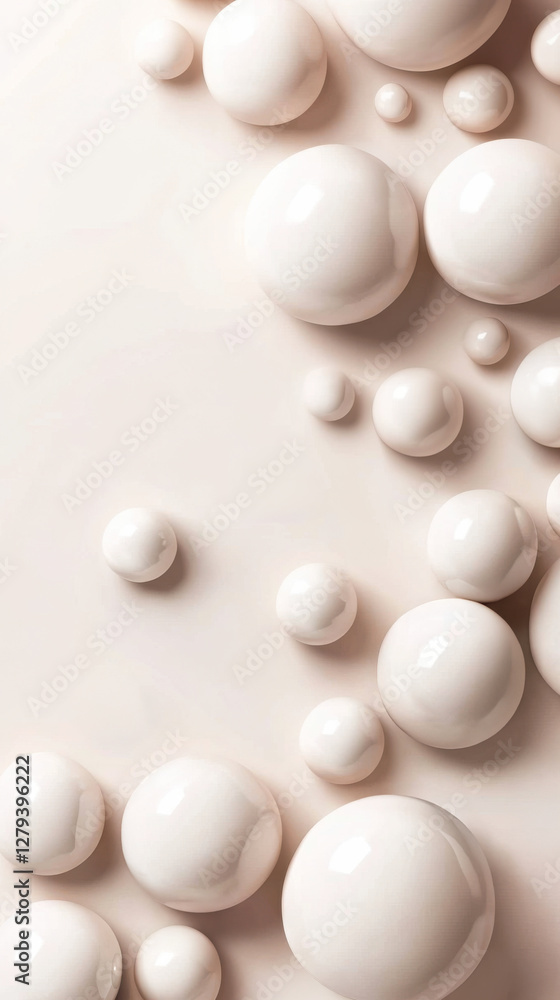 Glossy white spheres of varying sizes are arranged on a creamy background, creating an abstract and visually appealing composition with a sense of depth and elegance Glossy white spheres of varying sizes are arranged on a creamy background, creating an abstract and visually appealing composition with a sense of depth and elegance