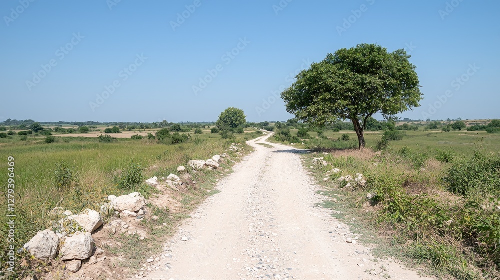 Countryside Dirt Road Under Clear Sky. Possible use Stock photo for travel, nature, and outdoor adventure Countryside Dirt Road Under Clear Sky. Possible use Stock photo for travel, nature, and outdoor adventure
