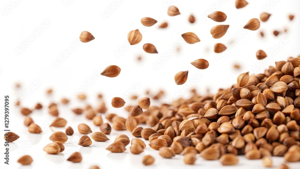 Buckwheat Grain Falling High-Resolution Image, Pile and Floating Seeds, Food Photography, White Background Buckwheat, Grain Buckwheat Grain Falling High-Resolution Image, Pile and Floating Seeds, Food Photography, White Background Buckwheat, Grain