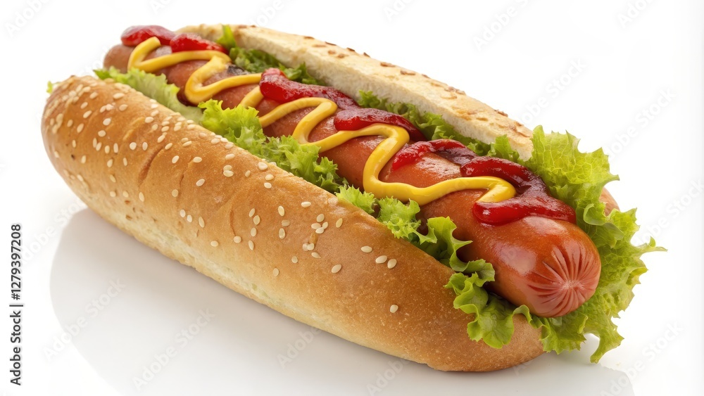 Classic Hot Dog with Mustard and Ketchup Sesame Bun, Grilled Sausage, Lettuce, Food Photography, Fast Food Hot Dog, Street Food Classic Hot Dog with Mustard and Ketchup Sesame Bun, Grilled Sausage, Lettuce, Food Photography, Fast Food Hot Dog, Street Food