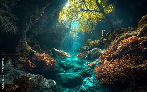Wallpaper Mural Mysterious underwater cave illuminated by sunlight filtering through lush foliage Torontodigital.ca