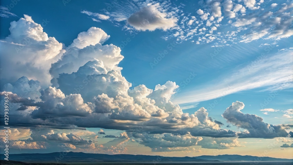 Obraz premium Cumulus Cloudscape Wide Shot Composition, Dramatic Lighting, Serene Landscape, Cloud Formations Clouds, Landscape Photography