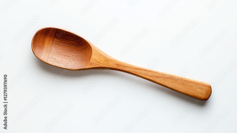 A simple wooden spoon featuring a smooth wooden handle rests elegantly on a clean white surface, highlighting its natural texture and design. A simple wooden spoon featuring a smooth wooden handle rests elegantly on a clean white surface, highlighting its natural texture and design.