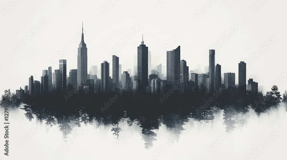 Fototapeta premium Silhouette of a city skyline at dawn with misty trees in the foreground and urban life awakening