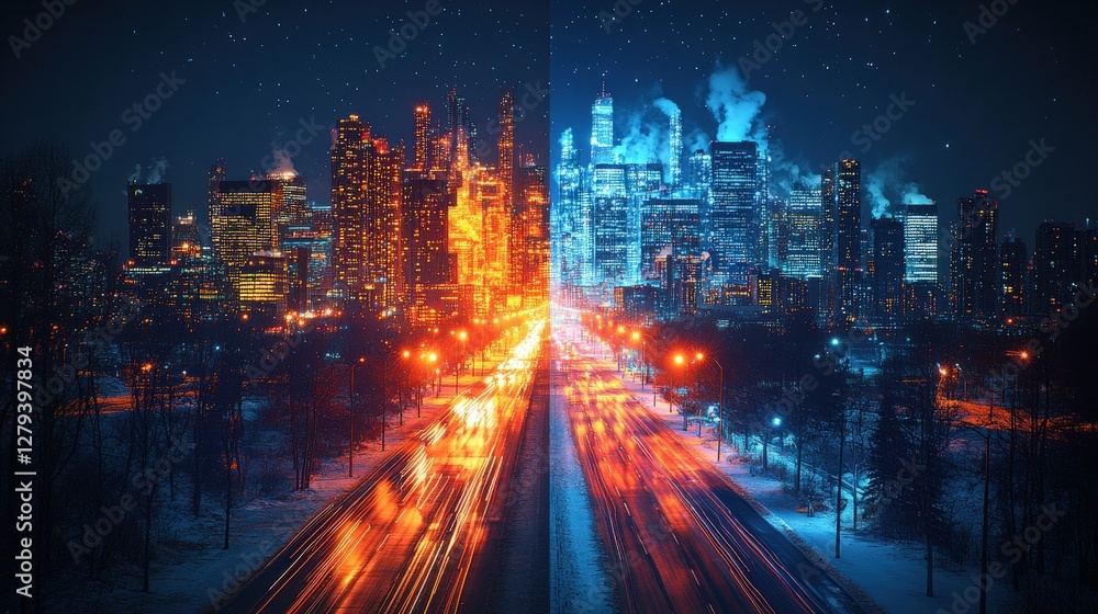 Fototapeta premium Stunning cityscape at night, split into warm and cool tones, showcasing contrasting cityscapes divided by a highway with light trails.