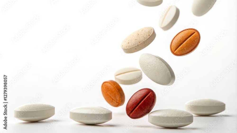 Falling Pills Oval and Round Shapes, White and Brown Tablets, Healthcare Concept, Medicine Photography Medication, Pharmaceuticals Falling Pills Oval and Round Shapes, White and Brown Tablets, Healthcare Concept, Medicine Photography Medication, Pharmaceuticals