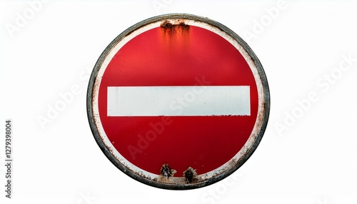 Weathered red no entry sign vintage circular design isolated on white background photo