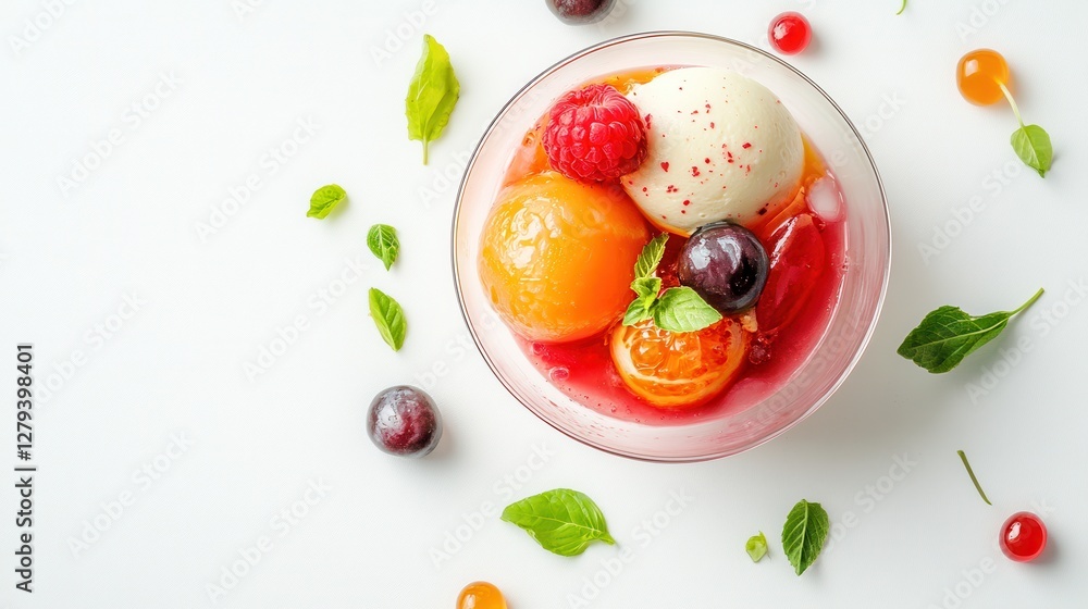 A vibrant bowl filled with assorted fruits, creamy ice cream, and fresh berries, creating a delightful and colorful dessert presentation. A vibrant bowl filled with assorted fruits, creamy ice cream, and fresh berries, creating a delightful and colorful dessert presentation.