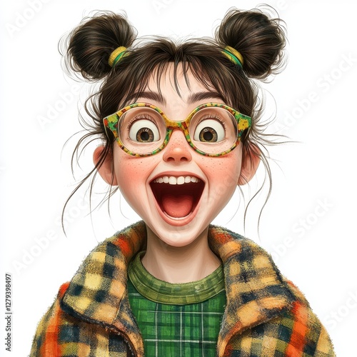 Joyful Cartoon Girl Portrait Brown Hair Topknots, Colorful Glasses, Plaid Jacket