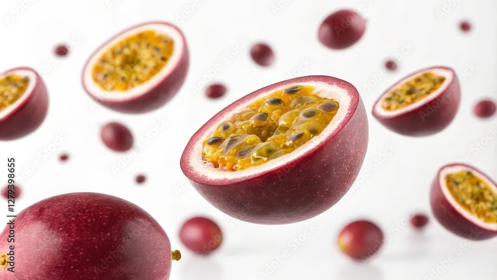 Floating Passion Fruit Halved and Whole, Vibrant Colors, Juicy Concept, Food Photography Passion fruit, levitation photography Floating Passion Fruit Halved and Whole, Vibrant Colors, Juicy Concept, Food Photography Passion fruit, levitation photography