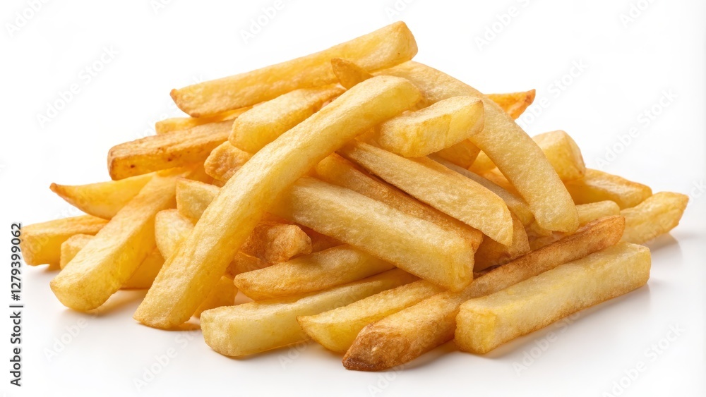 Golden French Fries Close-up Pile, Food Photography, Crispy Texture, White Background, Appetizing, Delicious French Fries, Food Photography Golden French Fries Close-up Pile, Food Photography, Crispy Texture, White Background, Appetizing, Delicious French Fries, Food Photography