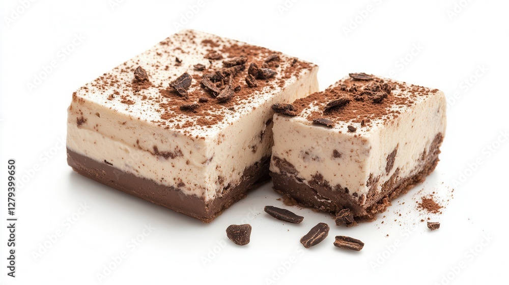 Two delectable cake slices topped with rich chocolate icing, enticingly presented on a delicate plate. Two delectable cake slices topped with rich chocolate icing, enticingly presented on a delicate plate.